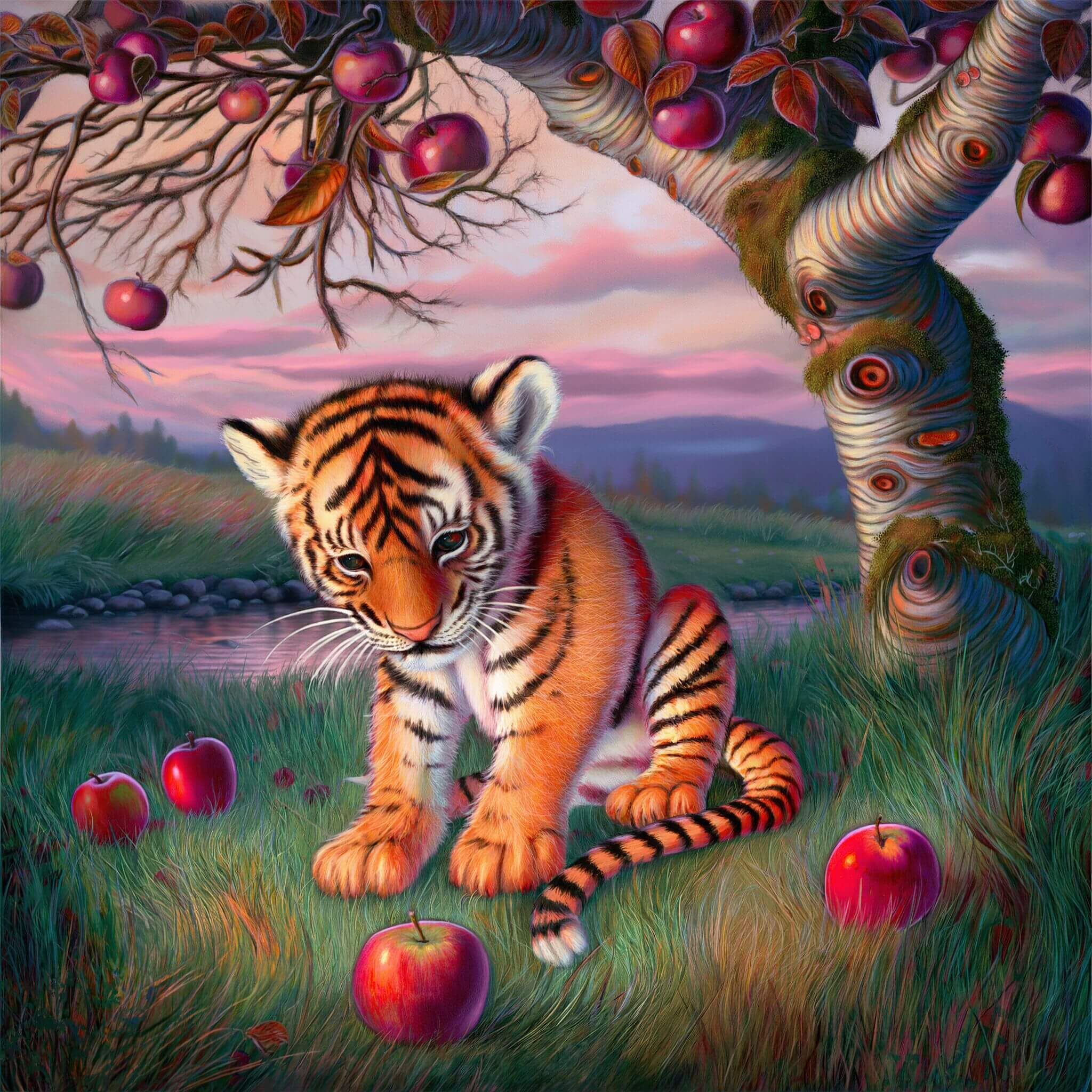 Digital art of a young tiger under an apple tree in a matte painting style with gorgeous details