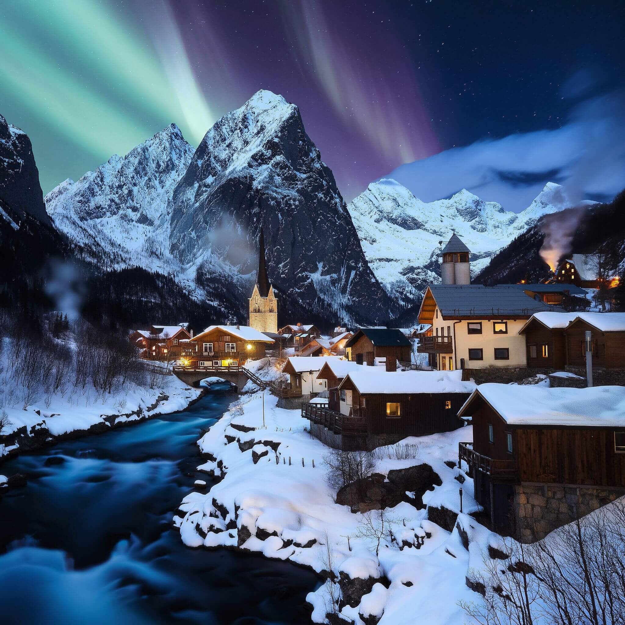 A snowy mountain village with cozy cabins and a northern lights display, high detail and photorealistic dslr, 50mm f/1.2
