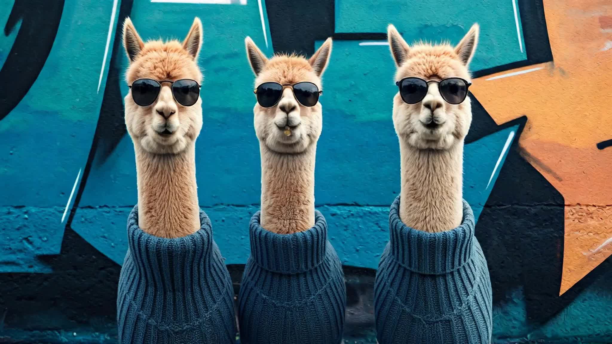 Alpacas wearing knit wool sweaters, graffiti background, sunglasses